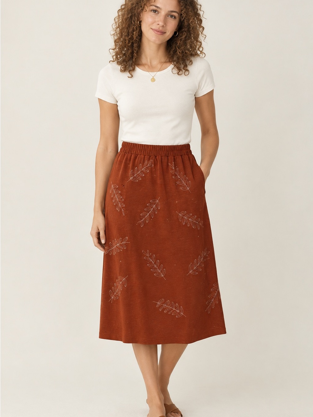 Roolee Rust Leaf-Print Midi Skirt
